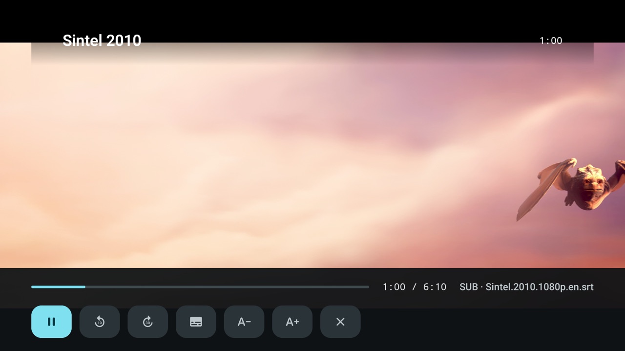 Streamova player on Android TV showing a film with the on-screen transport controls