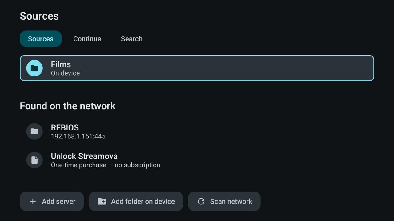 Streamova source list on Android TV with a saved SMB2/3 network share and a folder on the TV