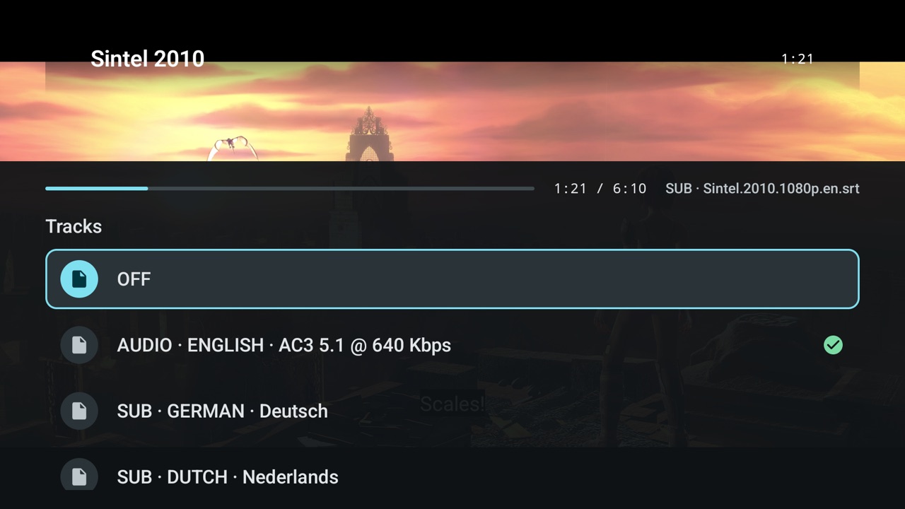 Subtitle and audio track menu open over the video in Streamova